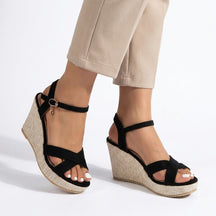 Sandales compensées noires femme tige synthétique talon 7,6 cm élégantes