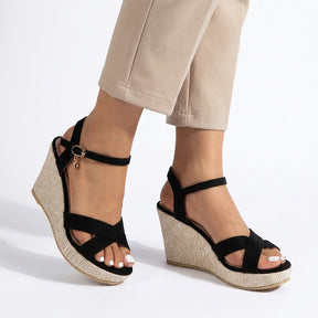 Sandales compensées noires femme tige synthétique talon 7,6 cm élégantes