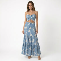 Robe maxi bustier imprimé tropical froncée pour soirée estivale