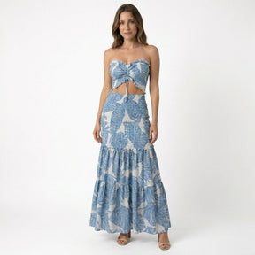 Robe maxi bustier imprimé tropical froncée pour soirée estivale
