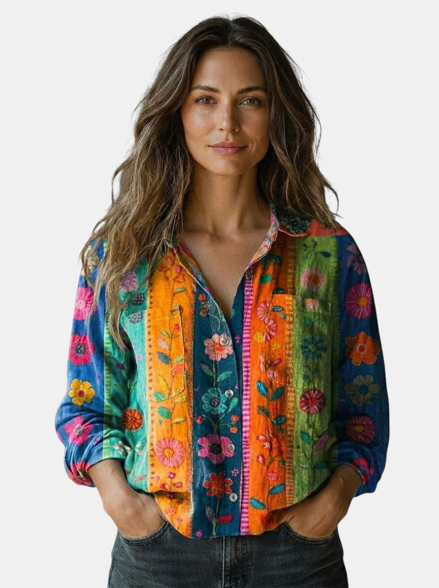 Blouse à motif vintage femme fluide coupe ample manches évasées