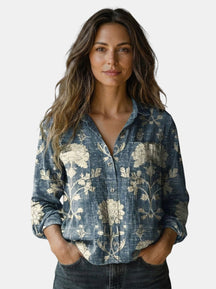 Blouse à motif vintage femme fluide coupe ample manches évasées