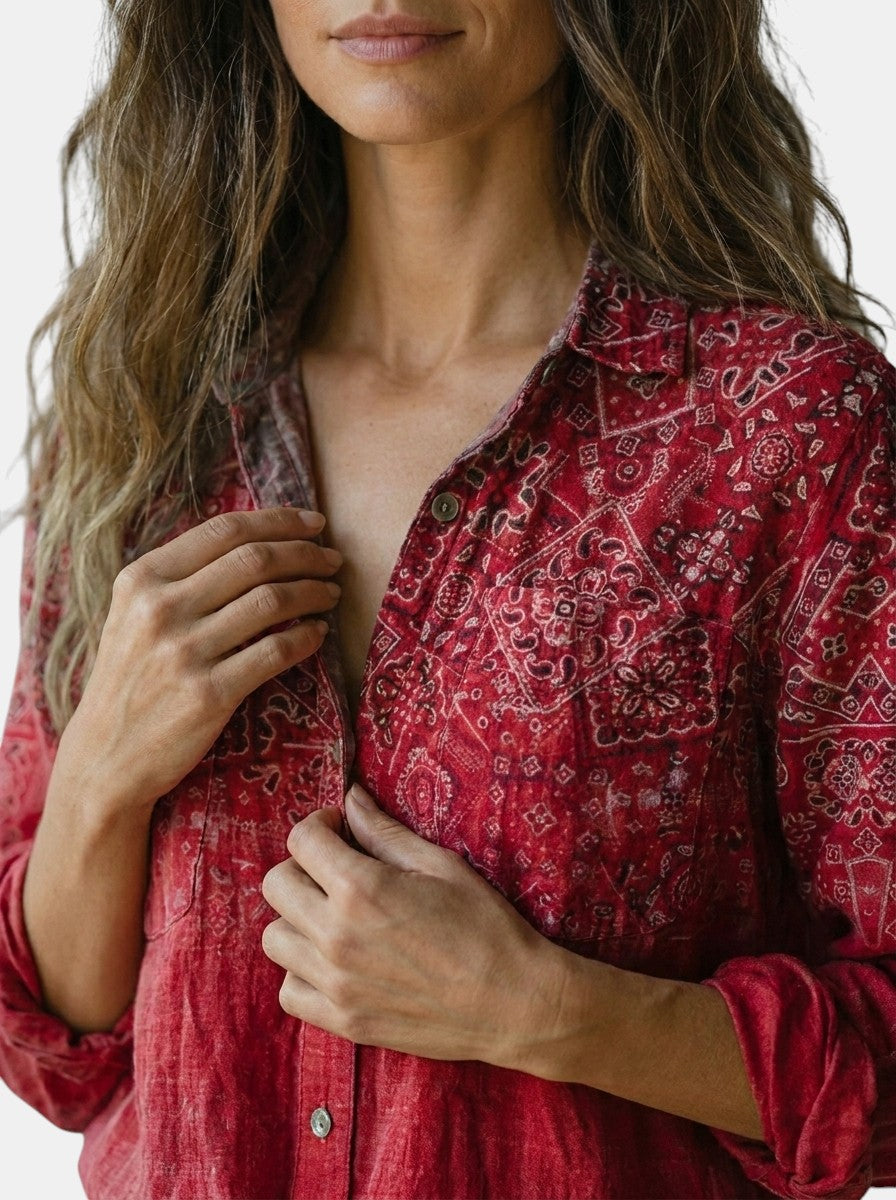 Blouse à motif vintage femme fluide coupe ample manches évasées