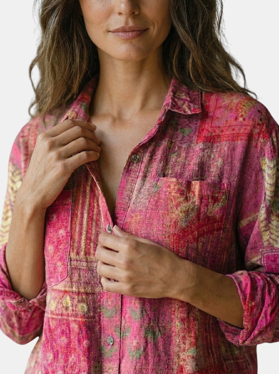 Blouse à motif vintage femme fluide coupe ample manches évasées