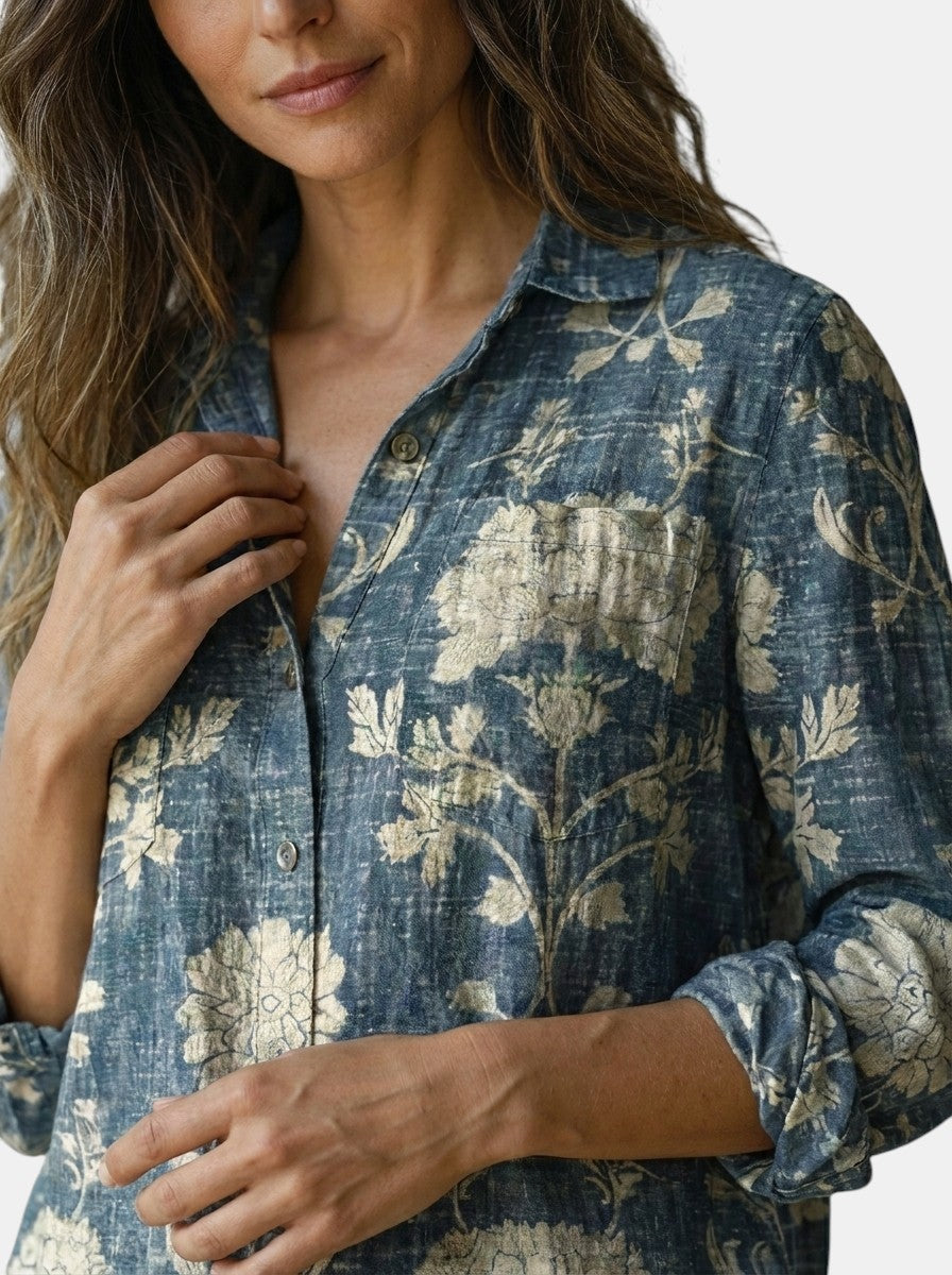 Blouse à motif vintage femme fluide coupe ample manches évasées