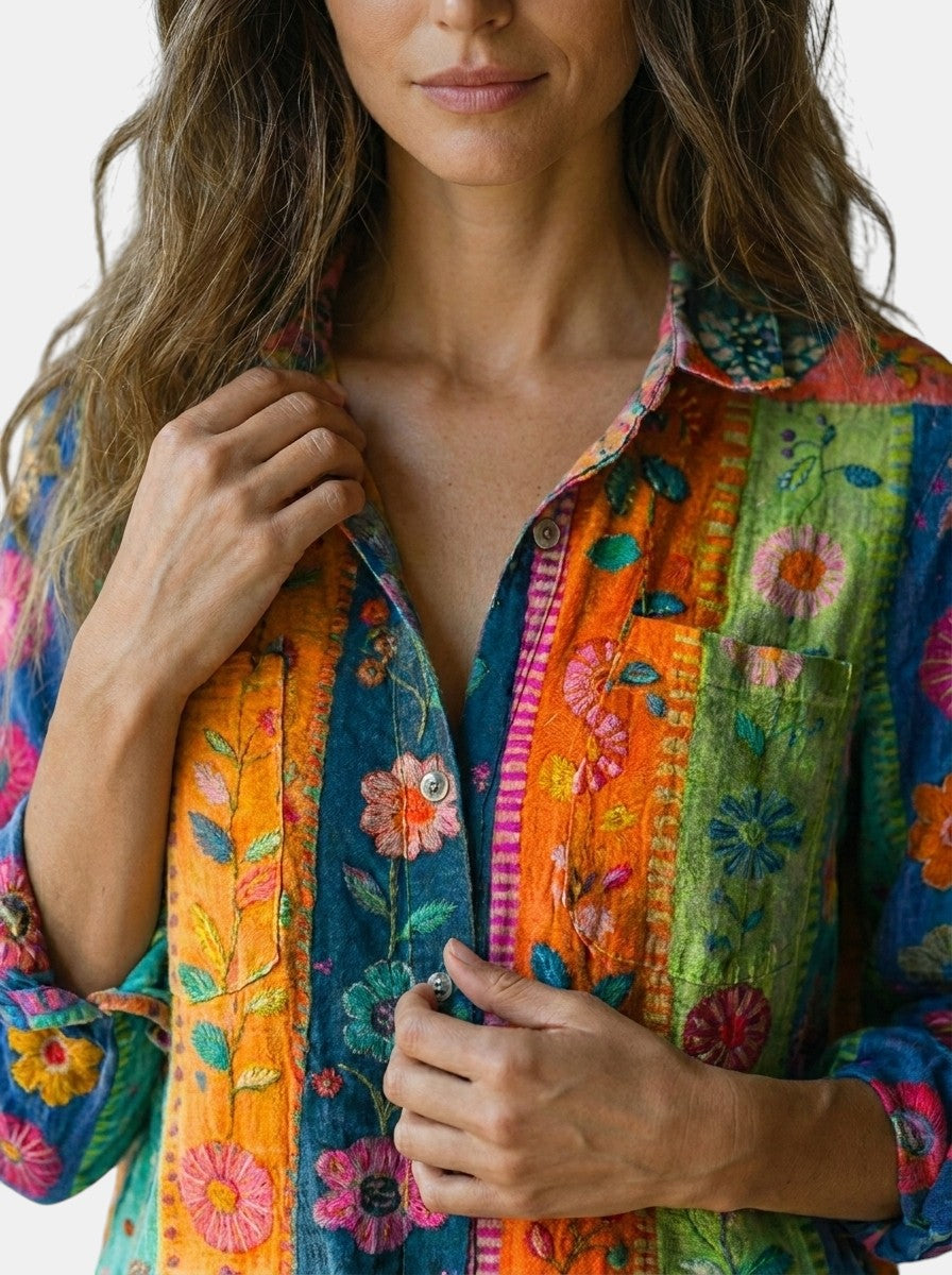 Blouse à motif vintage femme fluide coupe ample manches évasées