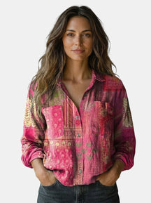 Blouse à motif vintage femme fluide coupe ample manches évasées
