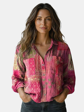 Blouse à motif vintage femme fluide coupe ample manches évasées